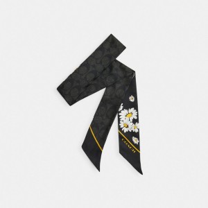 Coach Signature Daisy Cluster Print Silk Skinny Sjaal Dames Zwart | BE_CH38886